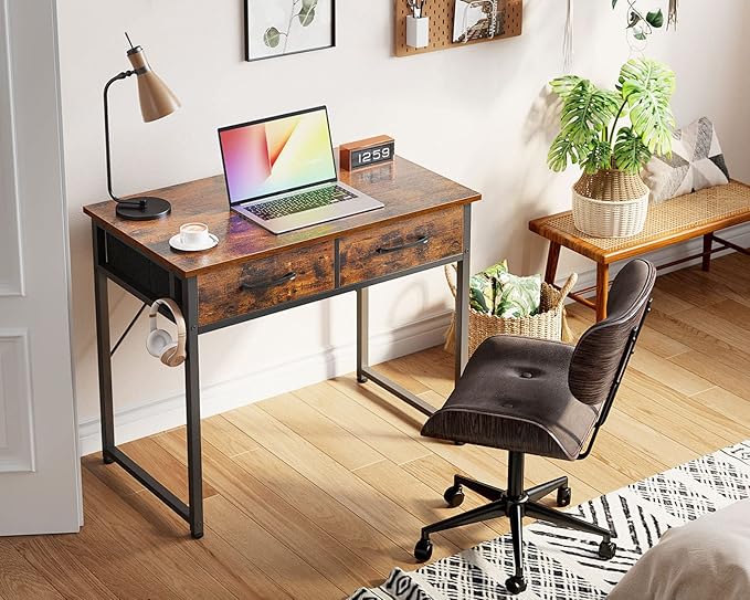 Casaottima 32 Inch Small Office Computer Desk with 2 Drawers & Headphone Hook - Compact Writing Desk for Home Office, Study or Work, Modern Space-Saving Design for Small Spaces, Pure Vintage