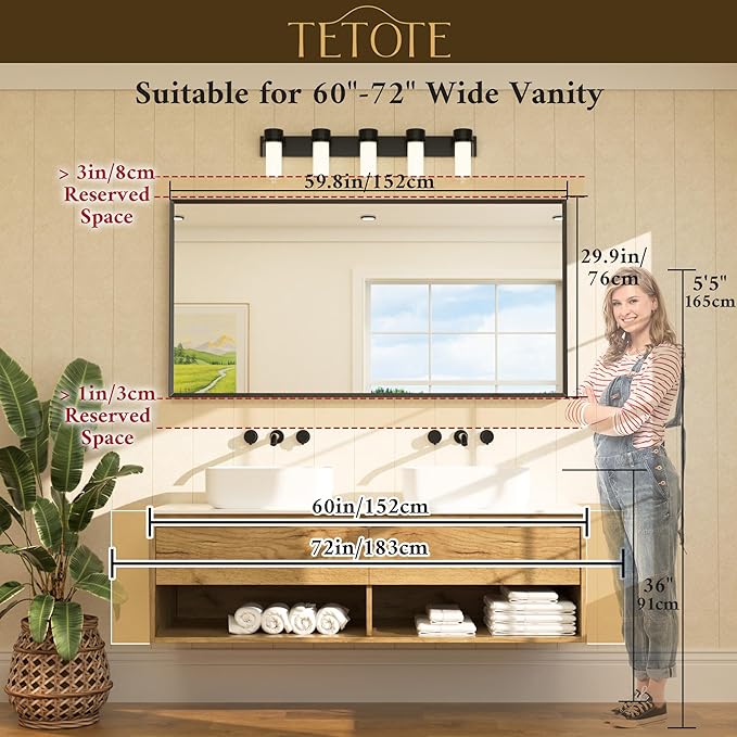 TETOTE Matte Black Beveled Framed Bathroom Mirror 60" x 30" Large Black Rectangle Metal Vanity Wall Mirror for Bathroom Sink, Modern Farmhouse, Tempered Glass, Shatterproof, Stronger Frame
