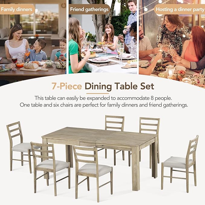 Ball & Cast 7 Piece Dining Table Set with 6 Upholstered Chairs,Living Room Desk W/ 71.5" Rectangle Extendable Leaf and 2 Drawers,for Restaurant,Home Bistro,Natural Wood Wash