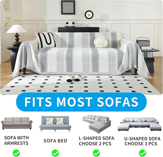 LUFEIJIASHI Boho Couch Covers for Sofa Non Slip Sofa Covers Washable Couch Covers for 3 Cushion Couch Sofa Pet Friendly Sectional Couch Cover Blanket Furniture Protector for Dogs (Grey, 71"x150")
