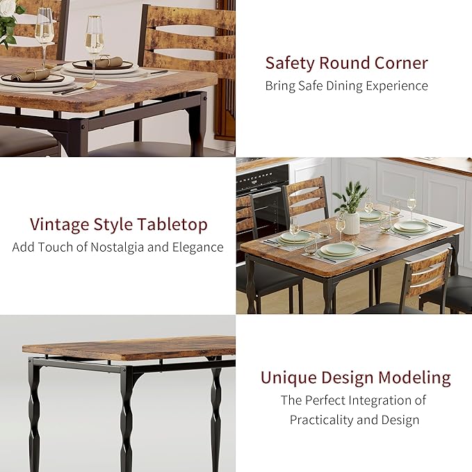 GarveeHome 5 Piece Dining Table Set, Industrial Style Dining Table and Chairs Set for 4, Kitchen Table Set for Dining Room Kitchen Apartment, Brown