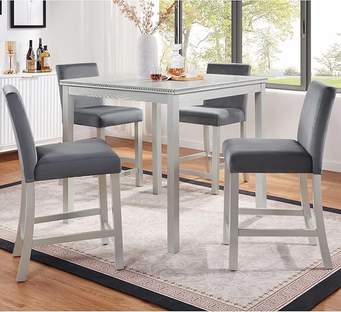 KEIKI 5-Piece Counter Height Dining Table Set with Square Table and 4 Upholstered Chair, for 4 Person, Classic Crystal Decoration Wooden Table Set, Easy Assembly, for Kitchen, Dining Room, Silver Grey
