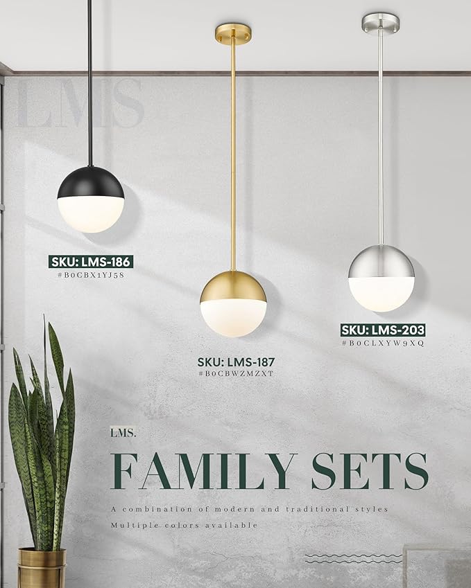 LMS 2 Pack Mid Century Pendant Lights, Matte Black Kitchen Island Light Fixtures with White Globe Glass Shade, Adjustable Hanging Rod Ceiling Light for Home Office Dining Room Bathroom, LMS-186BK2PK