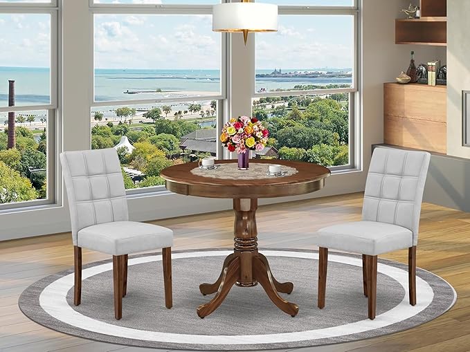 East West Furniture ANAS3-AWA-27 3 Piece Modern Dining Set consists A Dinning Table and 2 Light Gray Polyester Fabric Dinner Chairs, Antique Walnut