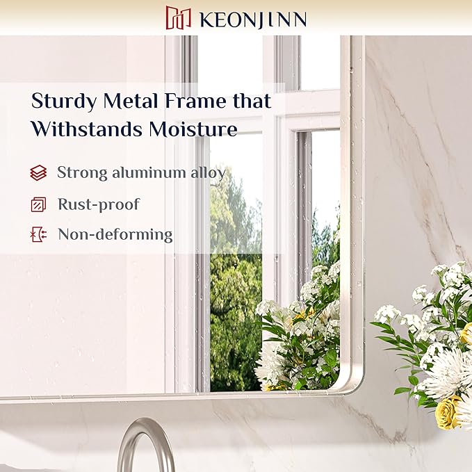 Keonjinn 48 x 36 Brushed Nickel Bathroom Vanity Mirror, Large Rounded Rectangle Bathroom Mirrors for over Sink, Metal Framed Silver Mirror for Wall, Shatterproof HD Tempered Glass(Horizontal/Vertical)