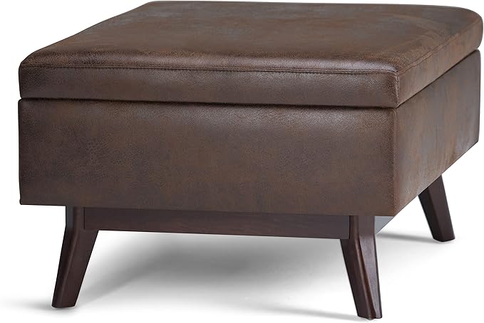 SIMPLIHOME Owen 34 inch Wide Mid Century Modern Rectangle Coffee Table Storage Ottoman in Distressed Chestnut Brown Vegan Faux Leather, Assembled, For the Living Room, Entryway and Family Room