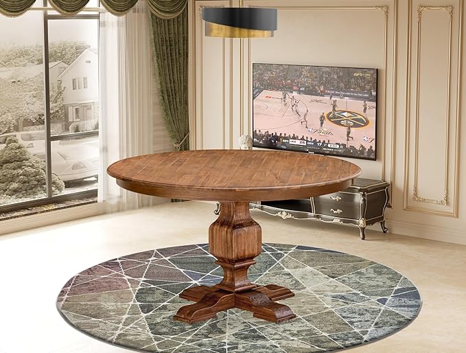 F53-0N-TP - Modern Dining Table with Acacia Wood Round Tabletop, Antique Walnut Finish