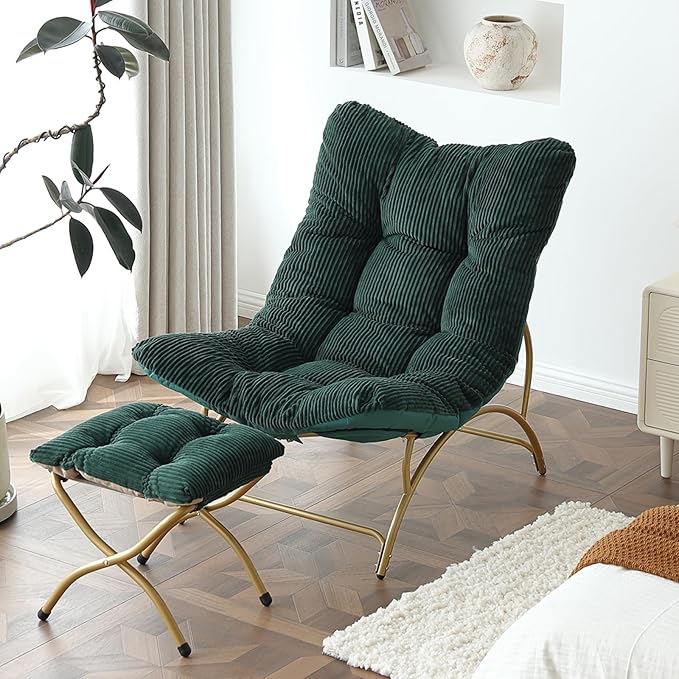 Welnow Accent Chair with Ottoman, Lounge Comfy Soft Leisure Metal Frame Reading Chair with Footrest, Upholstered Thick Cushion Seated Recliner Sofa for Living Room, Bedroom, Dorm, Dark Green