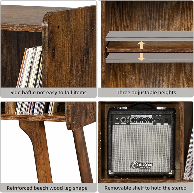 Lerliuo Record Player Stand with 4 Cabinet Holds Up to 220 Albums, Large Turntable Stand with Beech Wood Legs, Mid-Century Record Player Table,Retro Brown Vinyl Holder Storage for Bedroom Living Room
