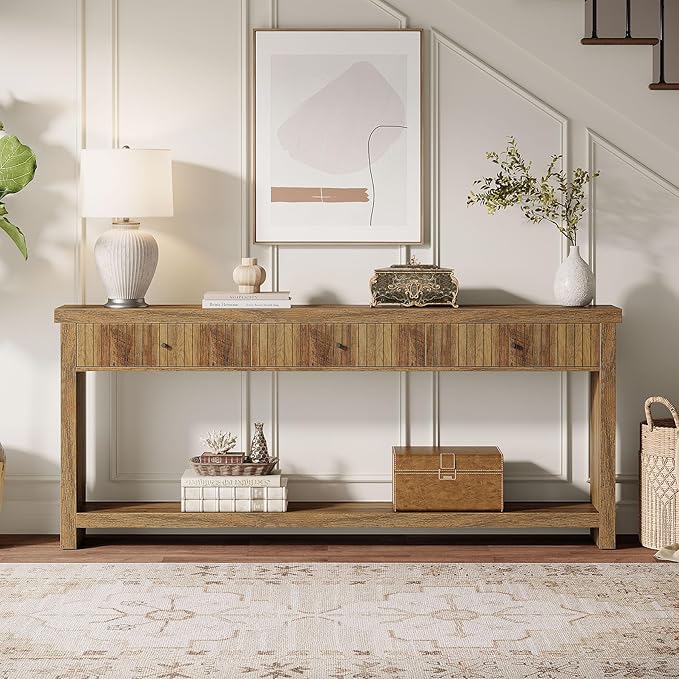 Tribesigns 70.9 inch Console Table with 3 Drawers, Extra Long Entryway Table, Wood Sofa Table Oak Furniture with Open Storage Shelves Wooden Couch Table Foyer Tables for Living Room Hallway Entrance