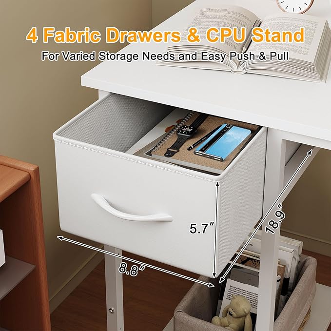 Computer Desk with 4 Drawers, 47 Inch Office Table with Storage, Gaming with CPU Shelves, Writing Desk Workstation for Home Office, Study, Bedroom, Work from Home, White