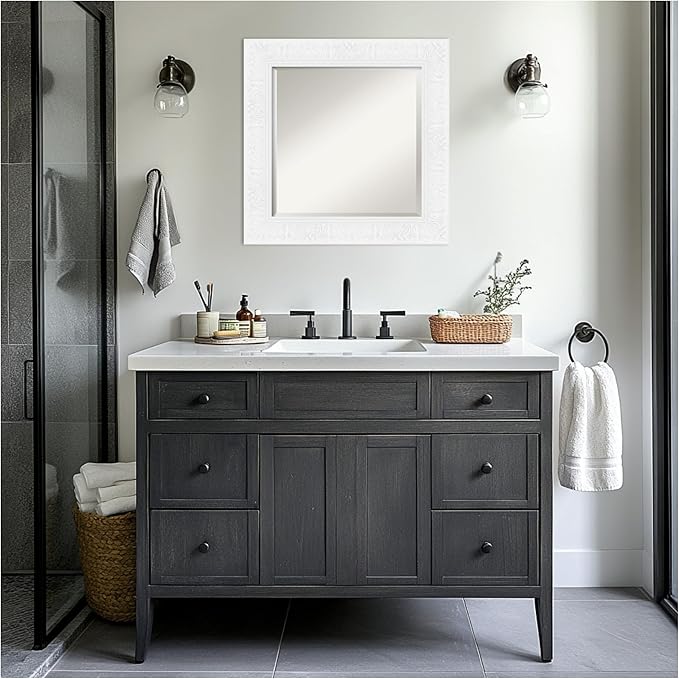 Amanti Art White Bathroom Mirror for Over Sink, 27x27 Luxe White Square Vanity Mirror, Medium Traditional Frame, Hangs Horizonally and Vertically, Bathroom Wall Decor, Beveled Edge