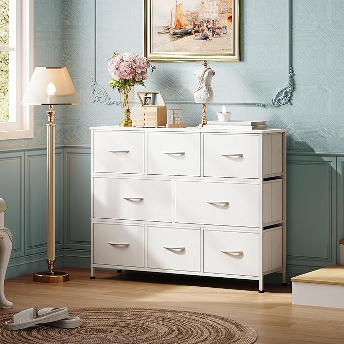 WLIVE 8 Drawer Dresser for Bedroom, Fabric White Dresser with Large Storage Drawer Unit for Entryway, Chest of Drawers for Living Room