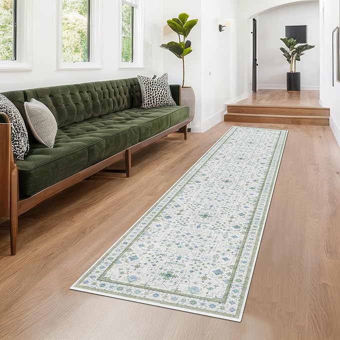 Oushak Runner 2x10 Hallway Rug - Floral Pastel Boho, Washable Low Pile Non Slip Extra Long Runner Rugs for Kitchen, Hall Way - Cream Blue and Green