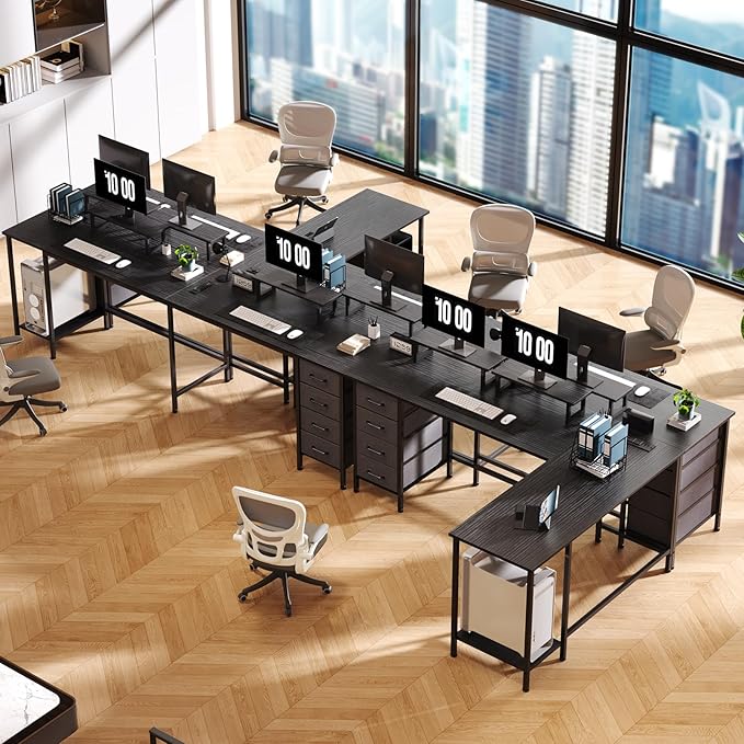 59 inch L Shaped Computer Desk with Power Outlets, Home Office Desk with 4 Adjustable Storage Drawers & 2 Monitor Stands, Two Person Gaming Table for Bedroom, Black
