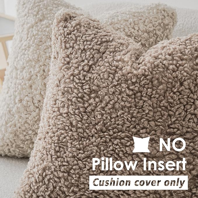 Foindtower 2 Pieces 20x20 Inch Khaki, Faux Fur Throw Pillow Cover Accent Sherpa Pillow Fuzzy Soft Pillowcases Sheepskin Decorative Fleece Cushion Case for Bed Couch Living Room