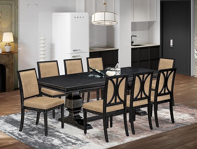 LKAM9-SBB-28 9-Piece Kitchen Table Set Consists of a Dining Table and 8 Beige Polyester Fabric Dining Chairs with High Back - Sand Blasting Black Finish
