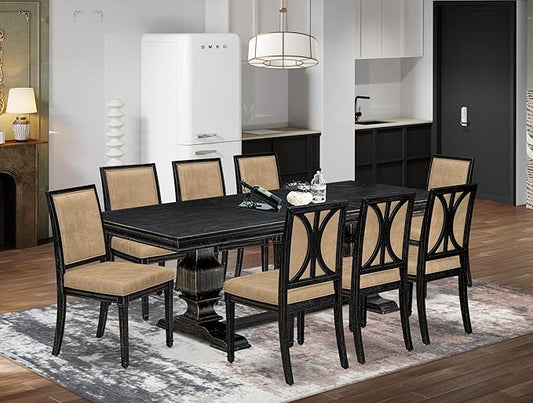LKAM9-SBB-28 9-Piece Kitchen Table Set Consists of a Dining Table and 8 Beige Polyester Fabric Dining Chairs with High Back - Sand Blasting Black Finish