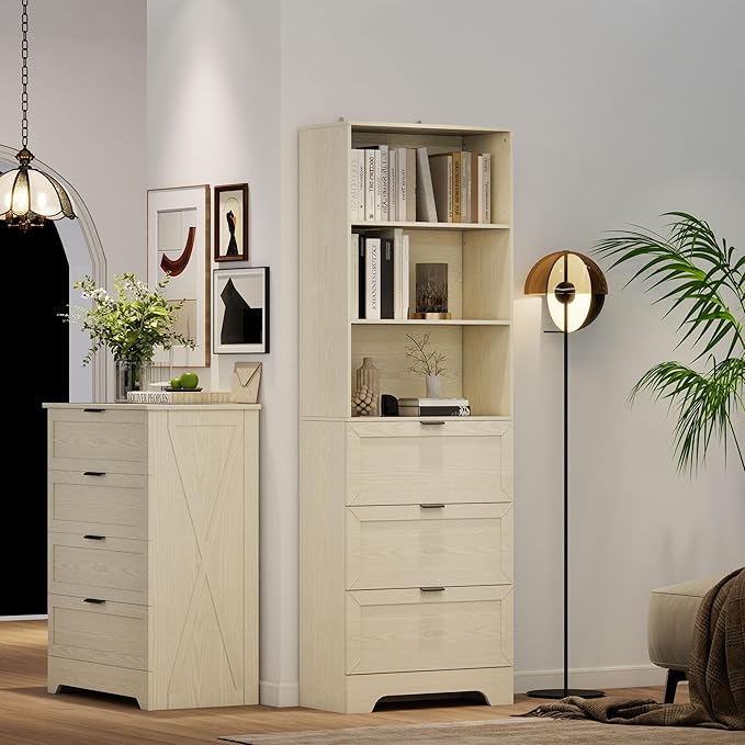 6 Tier Book Shelf with Drawers,White Farmhouse Display Bookshelf with Organizers and Storage,Free Standing Tall Bookshelf with Cabinet for Bedroom,Living Room, Office