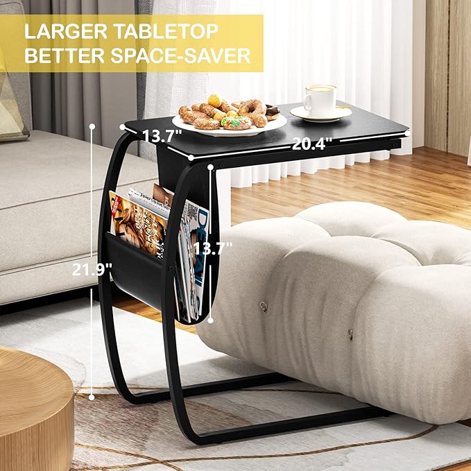 SRIWATANA Side End Tables Living Room, Vintage C-Shaped Laptop Table for Couch, Snack Table with Side Pocket, Black