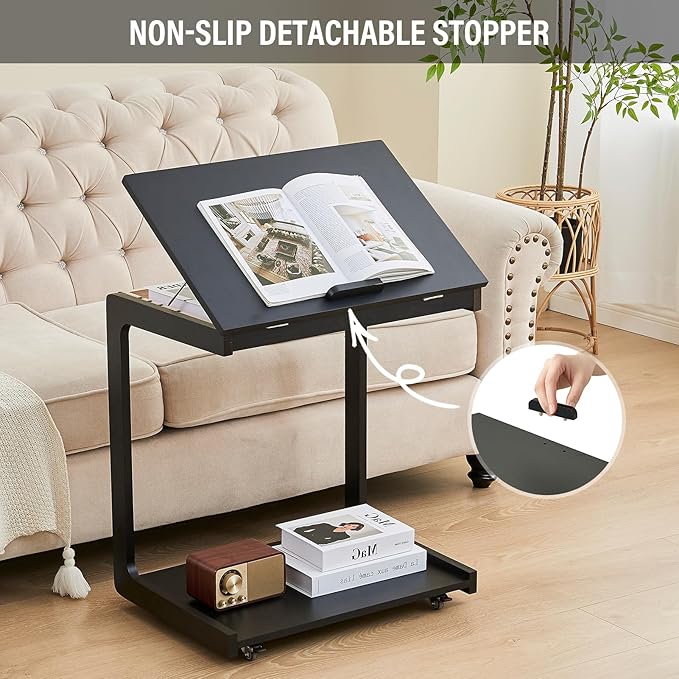 CozyDH Adjustable C Shaped End Table, Rolling Side Table Solid Wood TV Sofa Tray Table for Couch Arm Eating Multi-Purpose, Small Coffee Table with Wheels Living Room Bedroom, Black