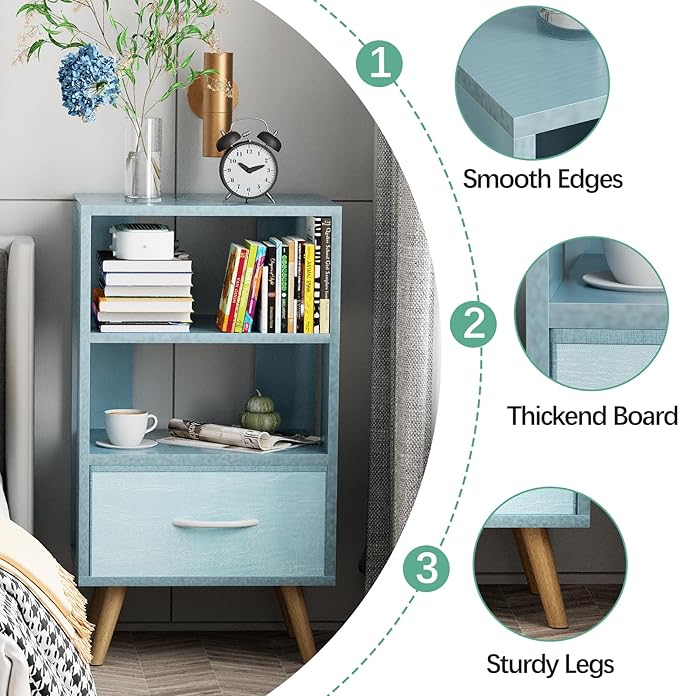 Night Stand, Blue Kids Nightstand with Drawer, Nursery Side Table with Open Storage, 3-Tier Modern End Table, Bedside Table for Small Space, Living Room, Bedroom