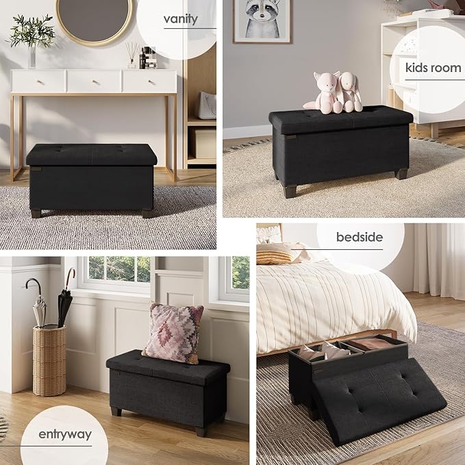 STORAGEBUD Storage Ottoman Bench with Bins, 30-in Storage Bench for Bedroom End of Bed, Folding Foot Rest Ottoman for Living Room Max 660lbs, Fabric Ottomans, Black