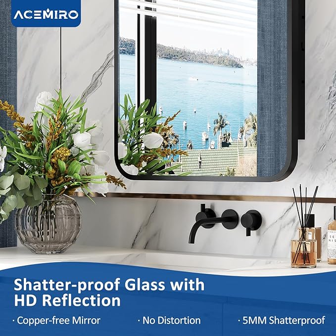 16x24 Inch Black Mirror Medicine Cabinet Metal Framed Recessed Wall Mounted Bathroom Medicine Cabinet with Mirror and Storage
