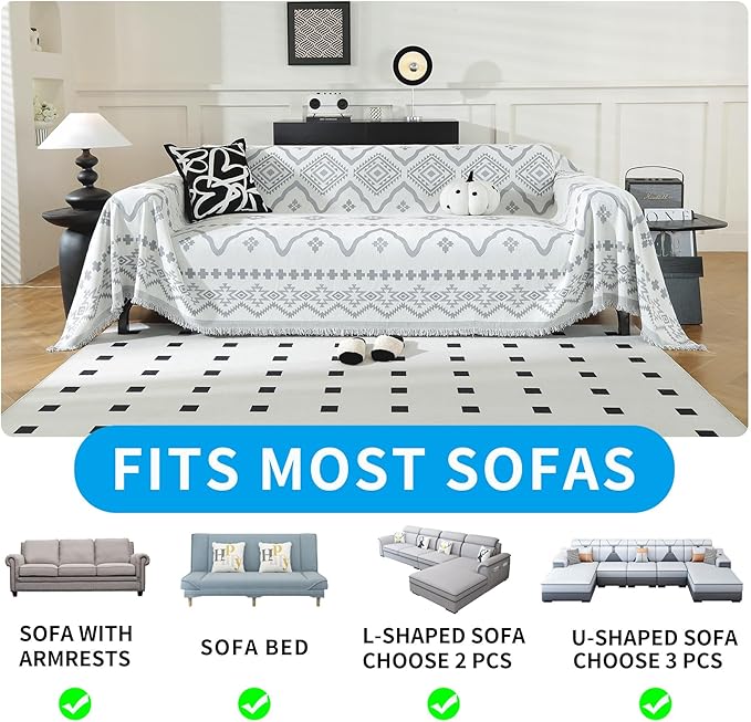LUFEIJIASHI Boho Couch Covers for Sofa Non Slip Sofa Covers Washable Couch Covers for 3 Cushion Couch Sofa Pet Friendly Sectional Couch Cover Blanket Furniture Protector for Dogs (Grey, 71"x150")
