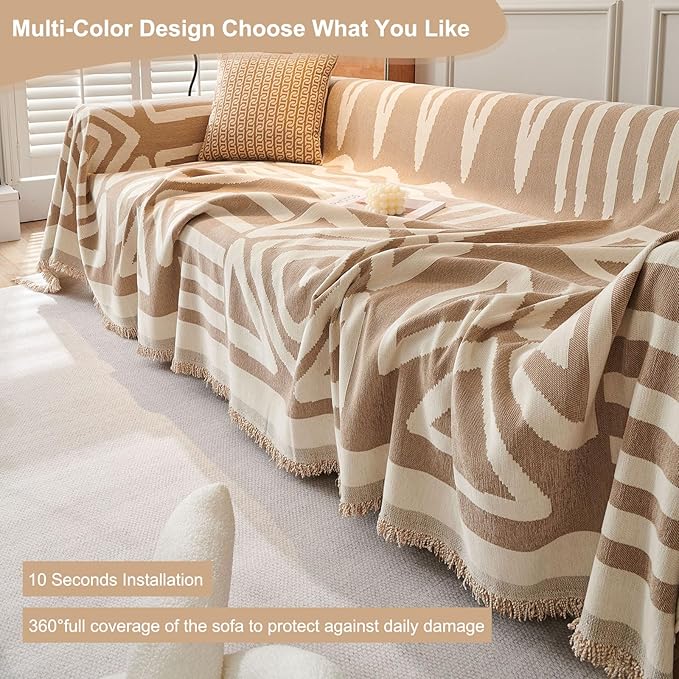 STACYPIK Boho Couch Cover, Khaki Sofa Cover for Dogs, Tassels Loveseat Cover for Sectional, L-Shape Protector for 3 Cushion Couch, Washable Chenille Slipcover, Multi-Use Decorative Blanket-71X134IN