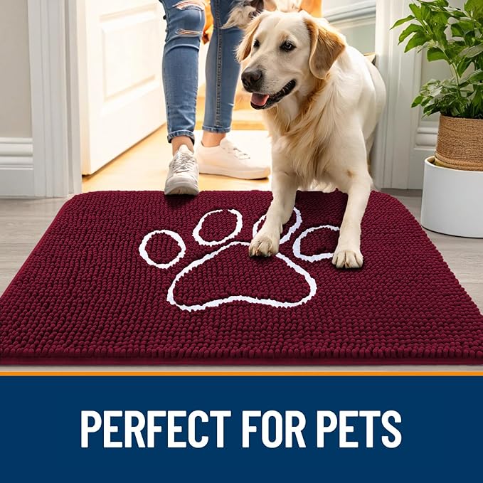 OLANLY Door Mat for Muddy Dog Paws 47x24, Ultra Absorbent Chenille Mud Doormat with Paw Print Design, Non-Slip Washable Doormat for Indoor Entryway, Quick-Dry Pet Bed Mats for Dirty Dogs, Burgundy