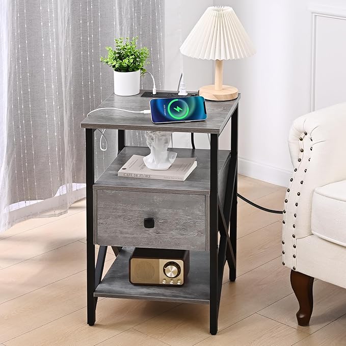 End Tables with Charging Station, Grey Charging Side Table Bedside Table with Outlets, Night Stands with Wood Drawer, Nightstand with Storage for Bedroom, Living Room