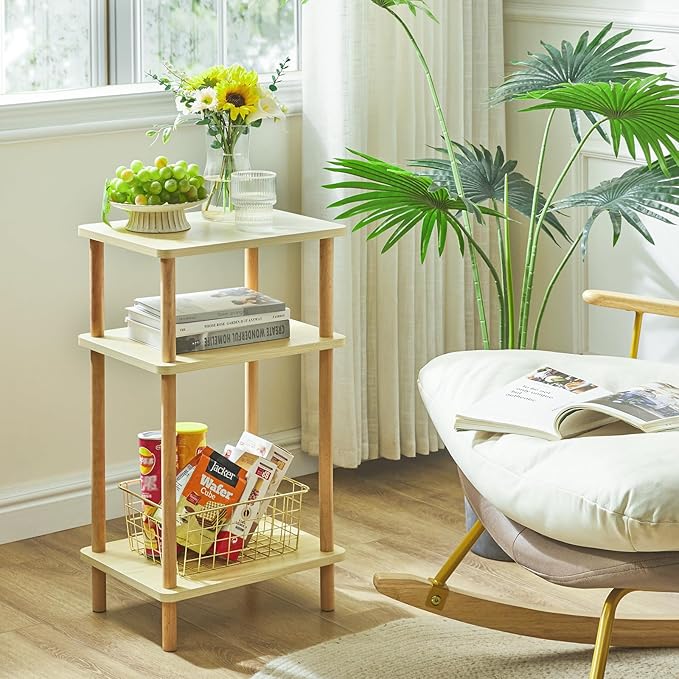 IBUYKE 3-Tier Side Table, Solid Wood Tall End Table with Storage Shelves, Nightstand Bedside Table for Living Room Bedroom Office, No-Tool Assembly, Light Natural UWST003S
