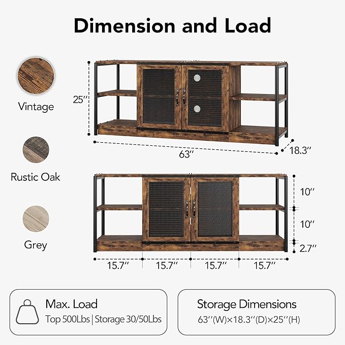 GarveeHome Farmhouse TV Stand for 65/75 inch TV, Entertainment Center with Storage Cabinet, Industrial TV Console Cabinet with Mesh Doors, 63" Rustic TV Media Console Table for Living Room, Vintage