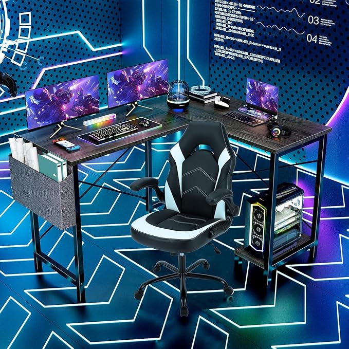 Whitmor L Shaped Gaming Desk - 50 Inch Reversible Corner Computer Desk with Wood Top, Metal Frame, CPU Stand & Side Bag, Home Office Dorm Sturdy Writing Workstation, Grey