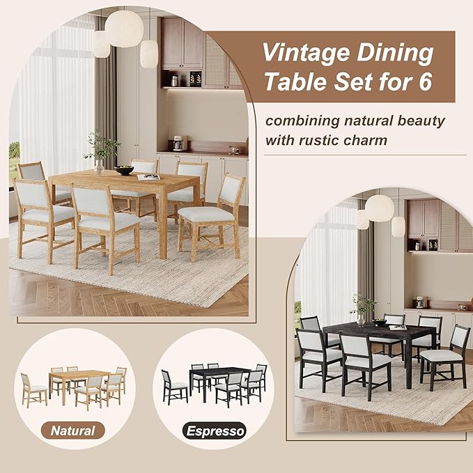 Merax 7 Pieces Retro Dining Set for 6, Rectangular Wood Dining Table with 6 Upholstered Chairs for Kitchen, Living Room, Natural