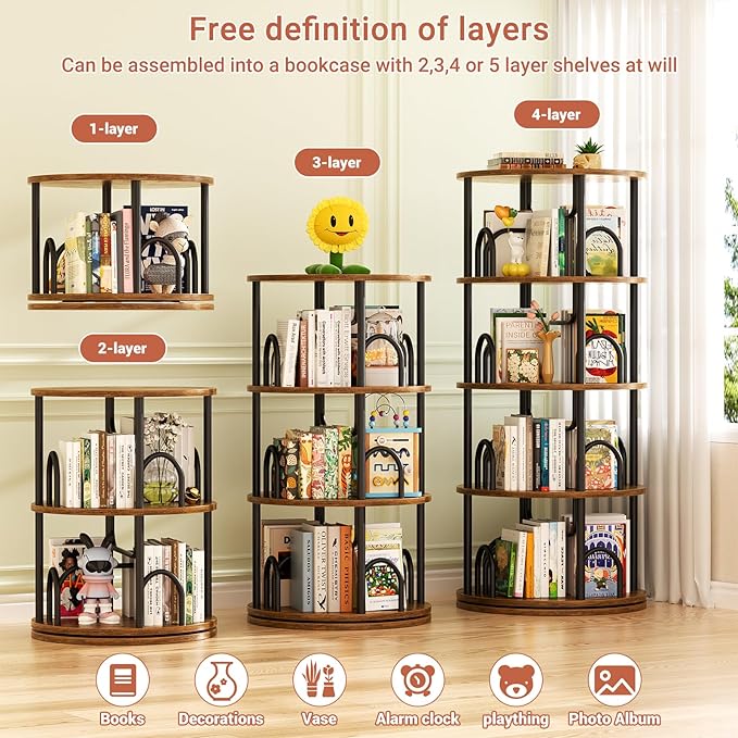 Aheaplus 4 Tier Rotating Bookshelf Tower, 360 Display Spinning Bookcase, Revolving Round Book Shelf Narrow Swivel Bookshelf, Vertical Turning Corner Book Organizer for Small Space, Rustic Brown