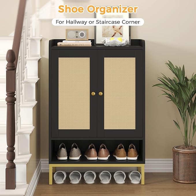 Rattan Shoe Cabinet Storage for Entryway, Shoe Cabinet with Adjustable Shelves for Entryway, 5-Tier, 20 Pair Shoe Rack Storage for Hallway, Closet, Living Room, Black