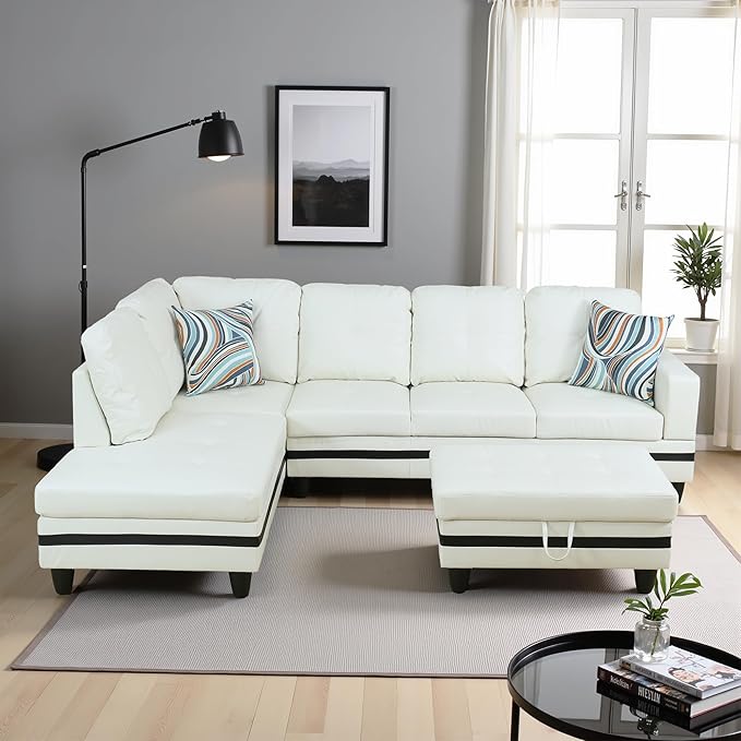 L Shaped Couch PU Leather Sectional Couch Upholstered 3 Pieces Sofas for Living Room with Chaise, Storage Ottoman for Office and Small Apartment, Black and White