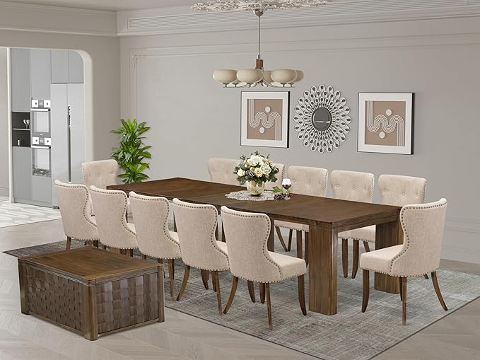 X12SI-0C8-04 - 14 Pieces Mid Century Dining Table Set contains an Extendable Rectangle Kitchen Table, 1 Coffee Table and 12 Dining Chairs, 39x120 Inch, Antique Walnut