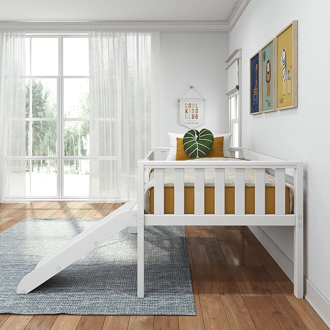 Max & Lily Twin Ultra Low Loft Bed with Slide and Climbing Ladder, Solid Wood Bed for Kids, Space Saving Design for Small Rooms, Twin Size Loft Bed with 14 Inch Guardrails, Anti Slip Steps, White