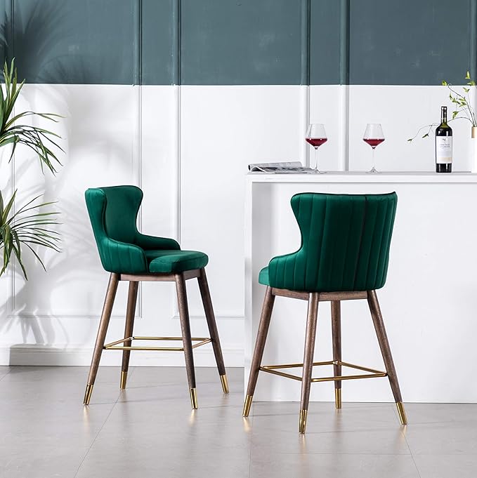 Roundhill Furniture Leland Fabric Upholstered Counter Height Wingback Stools, Set of 2, Green
