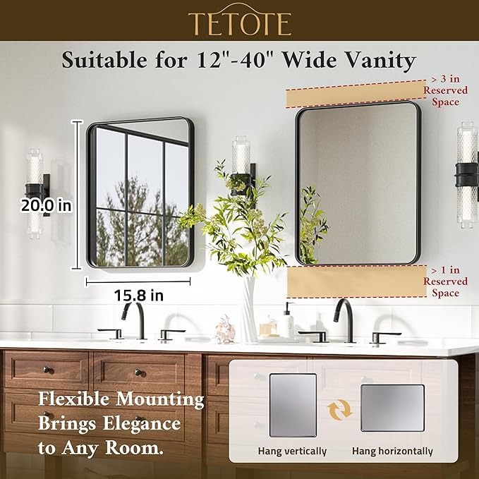 TETOTE Black Mirror 16 x 20 Matte Black Metal Framed Bathroom Mirror, Tempered Glass, Modern Farmhouse Wall Mounted Mirror for Decorative(Horizontal/Vertical)