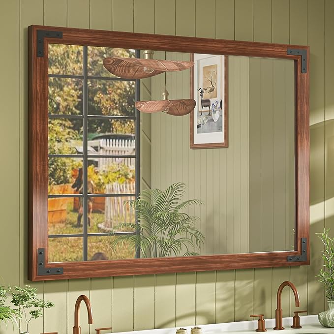 TETOTE 40 x 30 Walnut Wood Mirror for Bathroom Wall/Bedroom/Living Room/Entryway Farmhouse Rustic Bathroom Vanity Mirror Waterproof (Horizontal/Vertical Mounted)