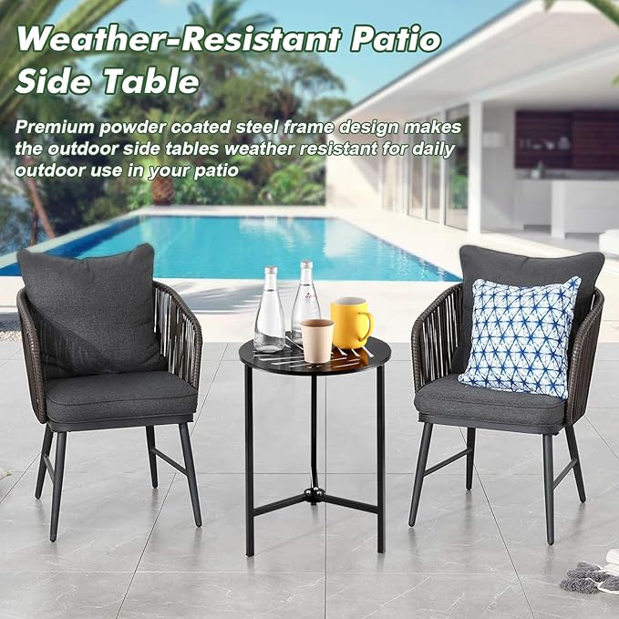 1 Packs 13" Metal Outdoor Side Tables Small Black Outside End Table for Patio Round Accent Corner Stand for Small Spaces Weather-Resistant Coffee Table for Balcony Porch Plant Stand, Leaf