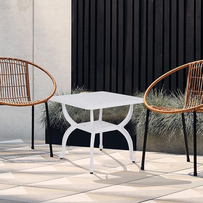 JARDIN DE CENTENNIAL Cast Aluminum Outdoor Side Table,Anti-Rust Outdoor End Table,Patio Coffee Bistro Table for Indoor,Garden,Porch,Balcony(Square White)