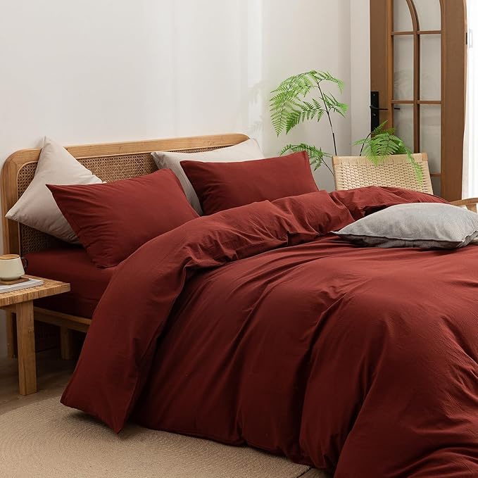 BESTOUCH Duvet Cover Set 100% Washed Cotton Linen Feel Super Soft Comfortable Chic Lightweight 3 PCs Home Bedding Set Solid Fired Brick Red Super King Plus