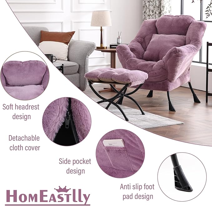 Lazy Chair with Ottoman, Reading Chair with a Pillow, Leisure Sofa Armchair with Ottoman, Large Accent Lounge Chair for Bedroom, Living Room, Dorm Room, Plush Purple