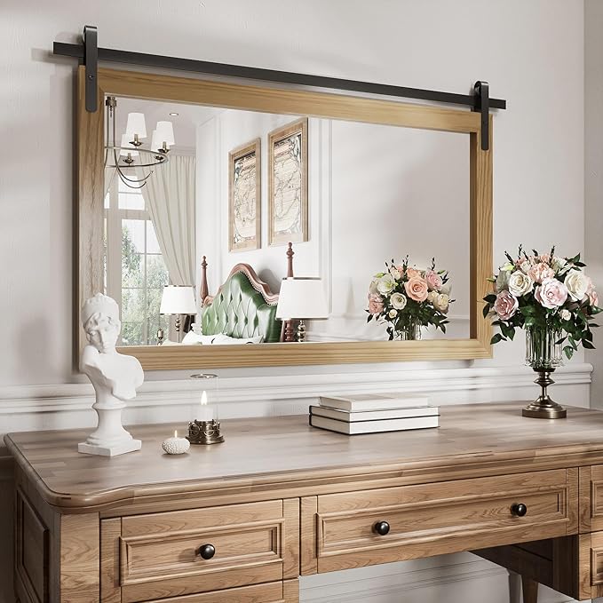 Brown Farmhouse Mirror for Wall, 40x26INCH Large Wood Framed Square Bathroom Mirrors for Vanity, Barn Door Style Mirrors Wall Mounted Dresser Decor Mirror Living Room Bedroom Horizontal