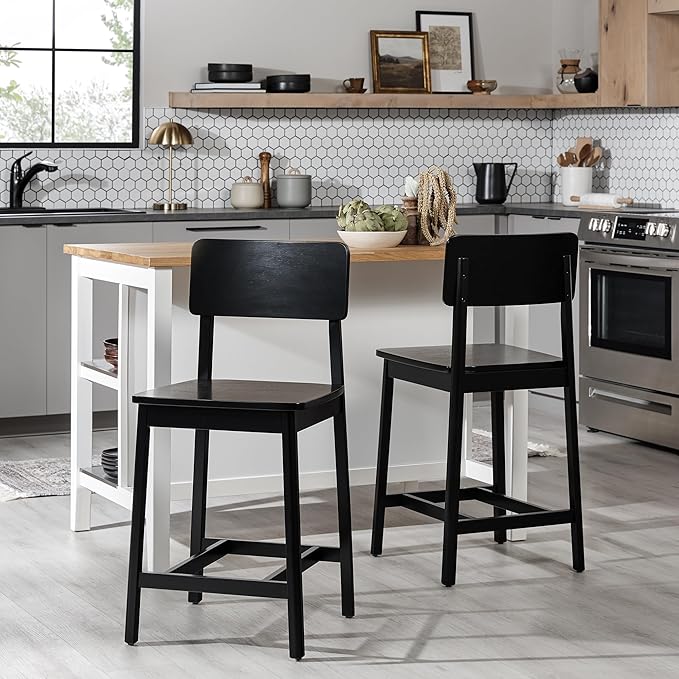 Walker Edison 2-Piece Minimalist Solid Wood Counter Stool, Set of 2, Black